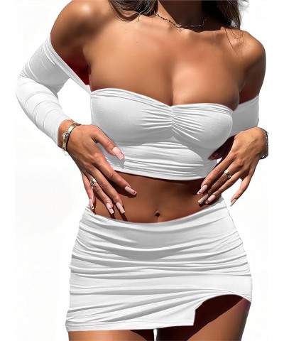 Women's Sexy 2 Piece Outfits Off Shoulder Corset Crop Top and Skirt Set Bodycon Mini Dresses White $11.79 Suits