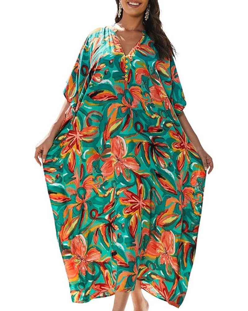 Women's Swimwear Turkish Kaftan Swimsuit Beach Cover Up Caftan Long Dresses Green Flower $14.08 Swimsuits