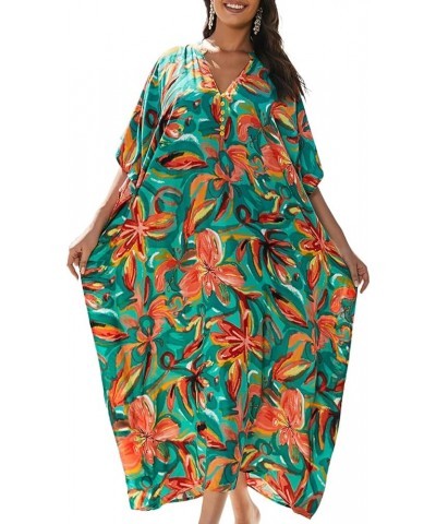 Women's Swimwear Turkish Kaftan Swimsuit Beach Cover Up Caftan Long Dresses Green Flower $14.08 Swimsuits