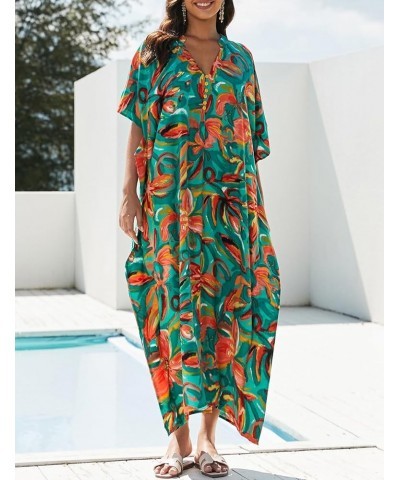 Women's Swimwear Turkish Kaftan Swimsuit Beach Cover Up Caftan Long Dresses Green Flower $14.08 Swimsuits