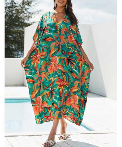 Women's Swimwear Turkish Kaftan Swimsuit Beach Cover Up Caftan Long Dresses Green Flower $14.08 Swimsuits