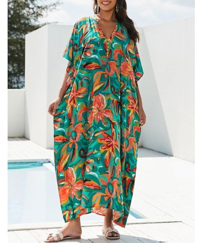 Women's Swimwear Turkish Kaftan Swimsuit Beach Cover Up Caftan Long Dresses Green Flower $14.08 Swimsuits