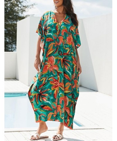 Women's Swimwear Turkish Kaftan Swimsuit Beach Cover Up Caftan Long Dresses Green Flower $14.08 Swimsuits