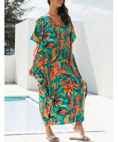 Women's Swimwear Turkish Kaftan Swimsuit Beach Cover Up Caftan Long Dresses Green Flower $14.08 Swimsuits