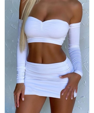 Women's Sexy 2 Piece Outfits Off Shoulder Corset Crop Top and Skirt Set Bodycon Mini Dresses White $11.79 Suits