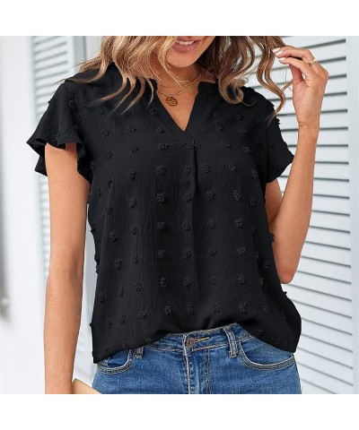 2023 Womens Tops Summer Ruffle Sleeve V Neck T Shirts Casual Loose, Light Green Large Black $11.44 Blouses