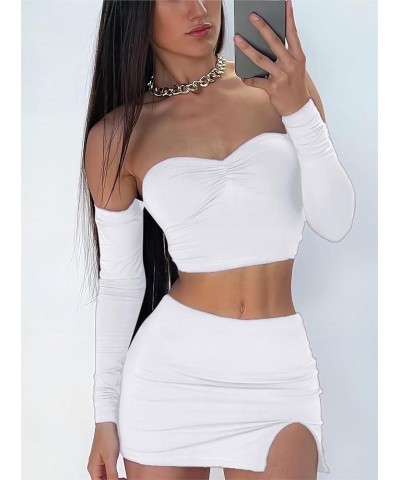 Women's Sexy 2 Piece Outfits Off Shoulder Corset Crop Top and Skirt Set Bodycon Mini Dresses White $11.79 Suits