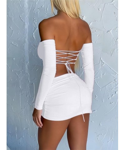 Women's Sexy 2 Piece Outfits Off Shoulder Corset Crop Top and Skirt Set Bodycon Mini Dresses White $11.79 Suits