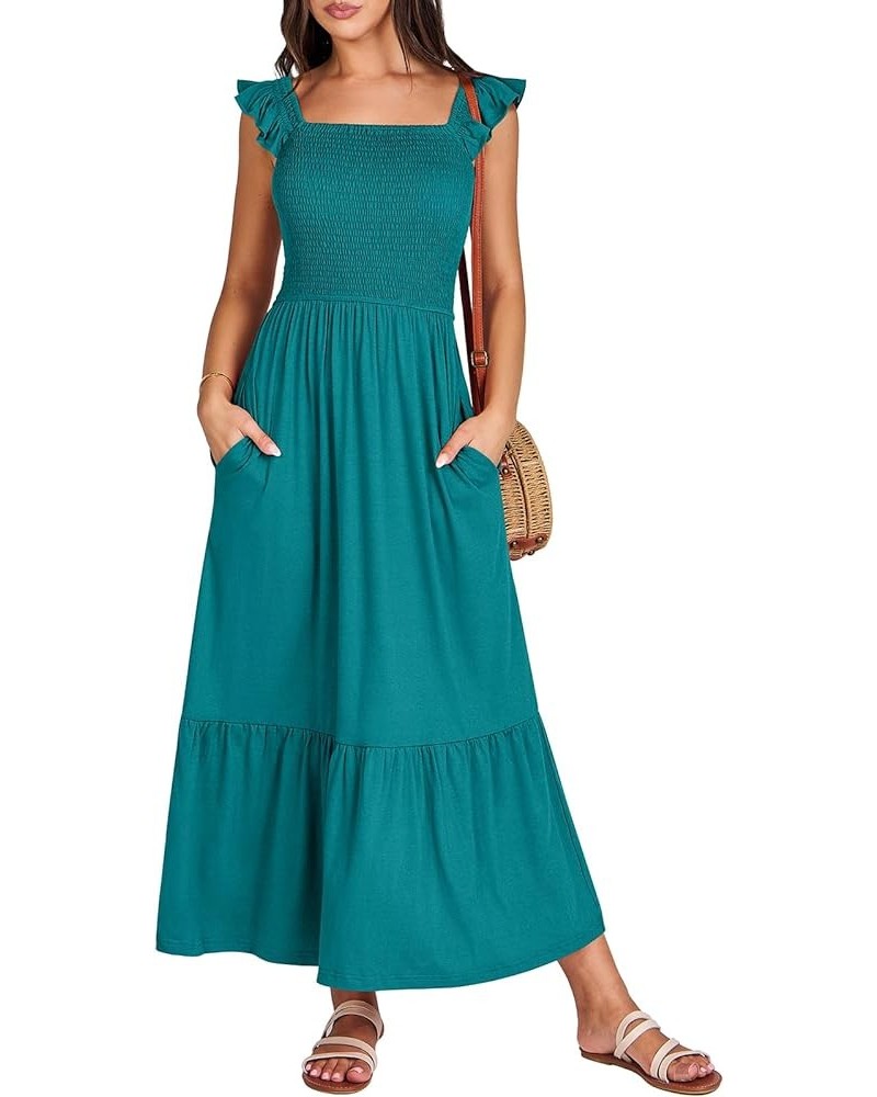 Women's Summer Maxi Dress Square Neck Ruffle Sleeveless Smocked Tiered Casual Beach Sundress with Pockets Lake Green $19.37 D...