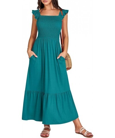 Women's Summer Maxi Dress Square Neck Ruffle Sleeveless Smocked Tiered Casual Beach Sundress with Pockets Lake Green $19.37 D...