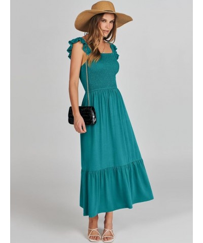 Women's Summer Maxi Dress Square Neck Ruffle Sleeveless Smocked Tiered Casual Beach Sundress with Pockets Lake Green $19.37 D...