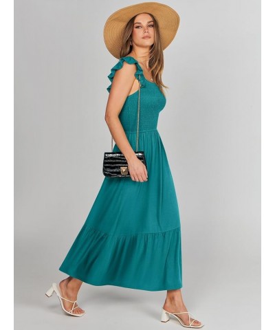 Women's Summer Maxi Dress Square Neck Ruffle Sleeveless Smocked Tiered Casual Beach Sundress with Pockets Lake Green $19.37 D...