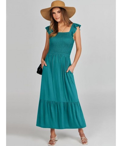 Women's Summer Maxi Dress Square Neck Ruffle Sleeveless Smocked Tiered Casual Beach Sundress with Pockets Lake Green $19.37 D...