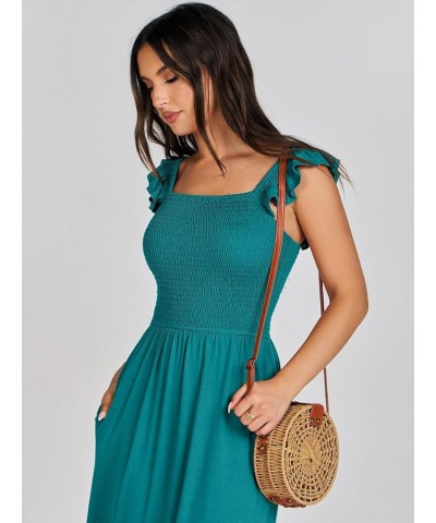 Women's Summer Maxi Dress Square Neck Ruffle Sleeveless Smocked Tiered Casual Beach Sundress with Pockets Lake Green $19.37 D...