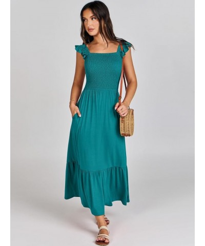 Women's Summer Maxi Dress Square Neck Ruffle Sleeveless Smocked Tiered Casual Beach Sundress with Pockets Lake Green $19.37 D...