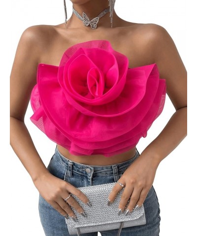 Women's Flower Front Crop Tube Top Sleeveless Strapless Solid Shirred Tops Hot Pink $15.80 Tanks