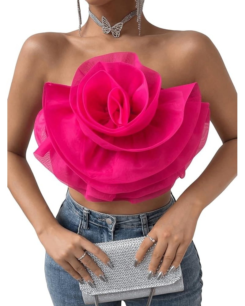 Women's Flower Front Crop Tube Top Sleeveless Strapless Solid Shirred Tops Hot Pink $15.80 Tanks