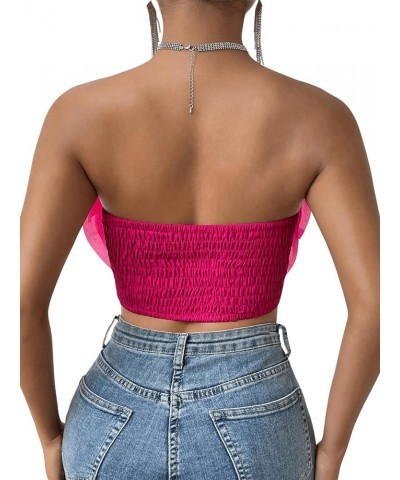 Women's Flower Front Crop Tube Top Sleeveless Strapless Solid Shirred Tops Hot Pink $15.80 Tanks