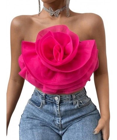 Women's Flower Front Crop Tube Top Sleeveless Strapless Solid Shirred Tops Hot Pink $15.80 Tanks