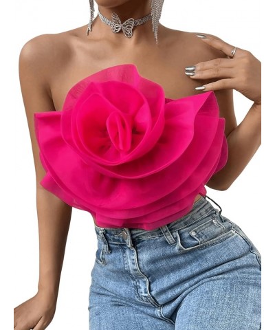 Women's Flower Front Crop Tube Top Sleeveless Strapless Solid Shirred Tops Hot Pink $15.80 Tanks