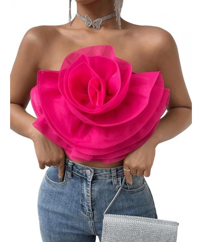 Women's Flower Front Crop Tube Top Sleeveless Strapless Solid Shirred Tops Hot Pink $15.80 Tanks