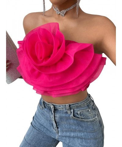 Women's Flower Front Crop Tube Top Sleeveless Strapless Solid Shirred Tops Hot Pink $15.80 Tanks