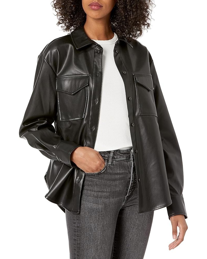 Women's Faux Leather Long Shirt Jacket Black $35.70 Coats