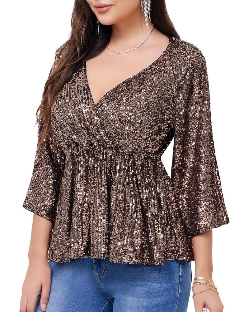 Women's Sequin Tops Sparkly V-Neck Split 3/4 Sleeve Wrap Peplum Top Party Club Night Out Disco Cocktail Shirts Gold $24.20 Bl...