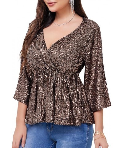 Women's Sequin Tops Sparkly V-Neck Split 3/4 Sleeve Wrap Peplum Top Party Club Night Out Disco Cocktail Shirts Gold $24.20 Bl...