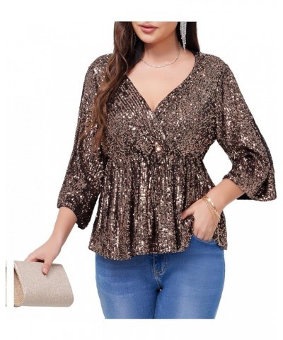 Women's Sequin Tops Sparkly V-Neck Split 3/4 Sleeve Wrap Peplum Top Party Club Night Out Disco Cocktail Shirts Gold $24.20 Bl...