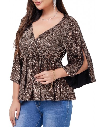 Women's Sequin Tops Sparkly V-Neck Split 3/4 Sleeve Wrap Peplum Top Party Club Night Out Disco Cocktail Shirts Gold $24.20 Bl...