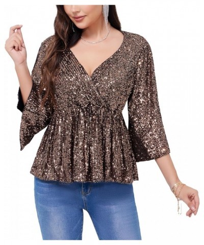 Women's Sequin Tops Sparkly V-Neck Split 3/4 Sleeve Wrap Peplum Top Party Club Night Out Disco Cocktail Shirts Gold $24.20 Bl...