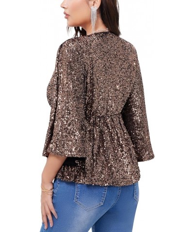 Women's Sequin Tops Sparkly V-Neck Split 3/4 Sleeve Wrap Peplum Top Party Club Night Out Disco Cocktail Shirts Gold $24.20 Bl...