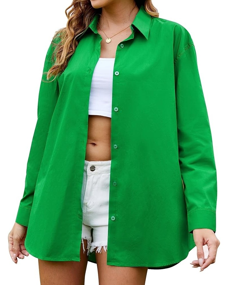 100% Cotton Oversized Button Down Shirts for Women Casual Long Sleeve Collared Dressy Blouses Dark Green $7.79 Blouses