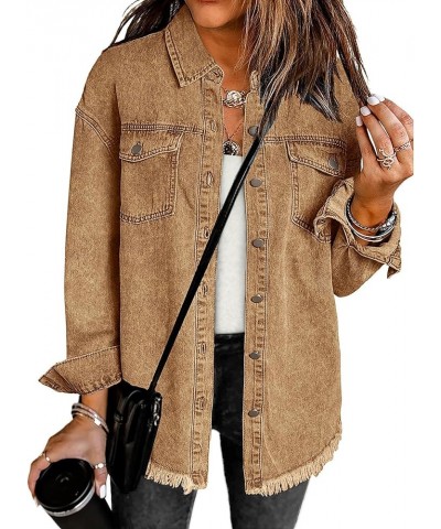 Denim Jacket for Women Oversized Button Down Casual Jean Shacket Jackets Long Sleeve Frayed Hem Western Trendy Almond Brown $...