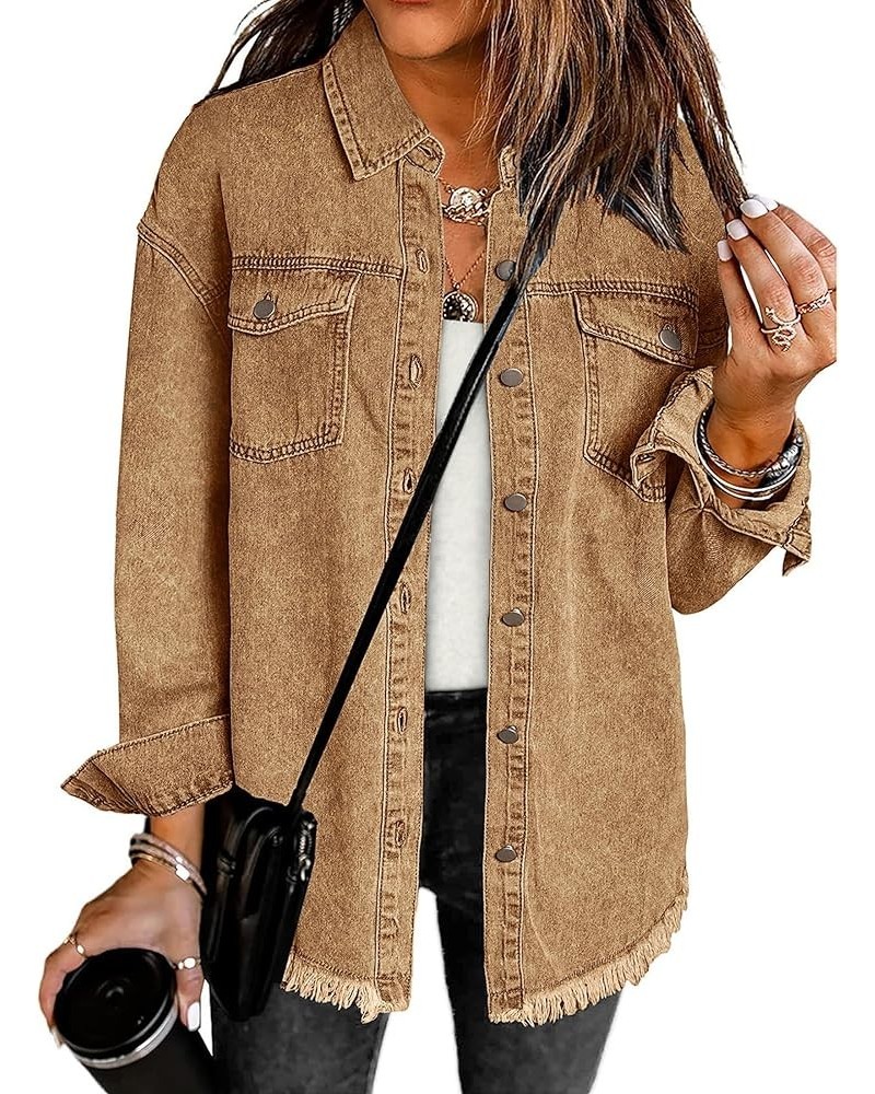 Denim Jacket for Women Oversized Button Down Casual Jean Shacket Jackets Long Sleeve Frayed Hem Western Trendy Almond Brown $...