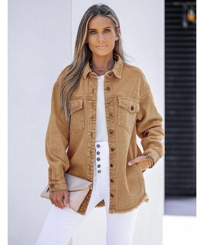 Denim Jacket for Women Oversized Button Down Casual Jean Shacket Jackets Long Sleeve Frayed Hem Western Trendy Almond Brown $...