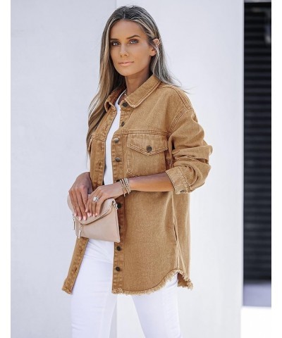 Denim Jacket for Women Oversized Button Down Casual Jean Shacket Jackets Long Sleeve Frayed Hem Western Trendy Almond Brown $...