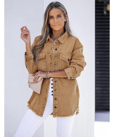 Denim Jacket for Women Oversized Button Down Casual Jean Shacket Jackets Long Sleeve Frayed Hem Western Trendy Almond Brown $...