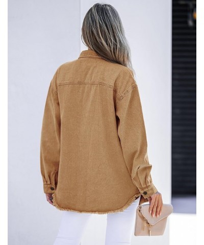 Denim Jacket for Women Oversized Button Down Casual Jean Shacket Jackets Long Sleeve Frayed Hem Western Trendy Almond Brown $...