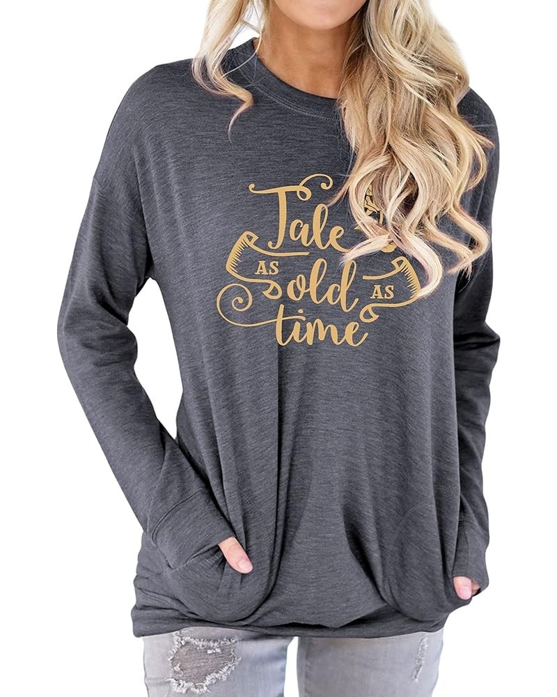 Summer Graphic Shirt for Women, Tale As Old As Time Letter Print with Elegant Rose Tee Tops L-grey $12.31 T-Shirts