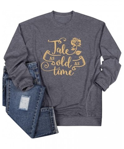 Summer Graphic Shirt for Women, Tale As Old As Time Letter Print with Elegant Rose Tee Tops L-grey $12.31 T-Shirts