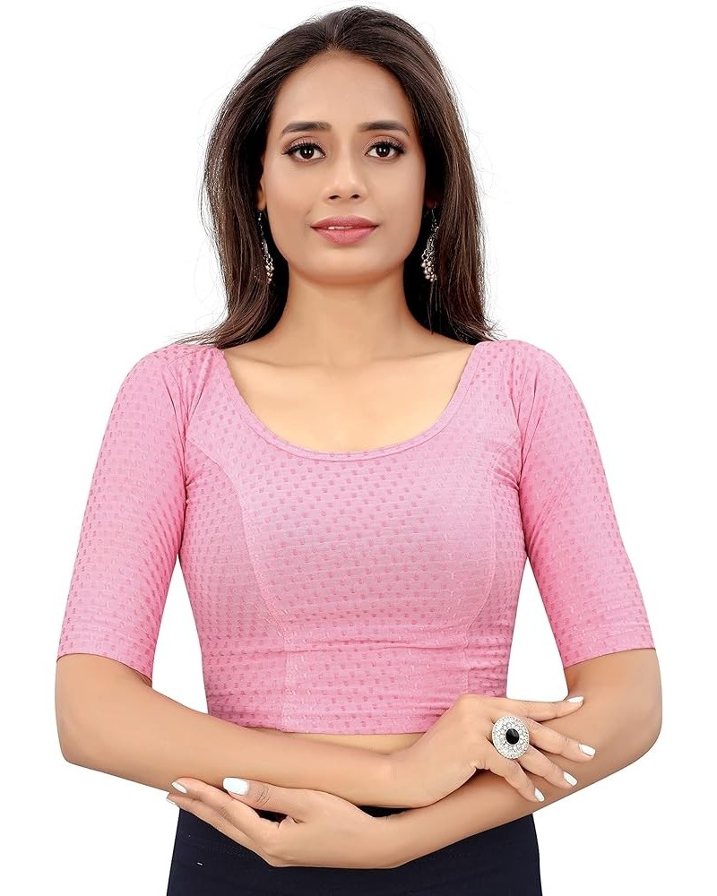 Women Round Neck Dobby Cotton Lycra Stretchable Elbow Sleeve Readymade Saree Blouse For Stylish Pink $19.27 Blouses