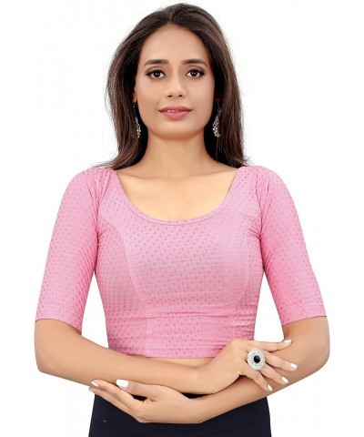 Women Round Neck Dobby Cotton Lycra Stretchable Elbow Sleeve Readymade Saree Blouse For Stylish Pink $19.27 Blouses