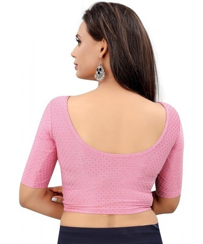 Women Round Neck Dobby Cotton Lycra Stretchable Elbow Sleeve Readymade Saree Blouse For Stylish Pink $19.27 Blouses