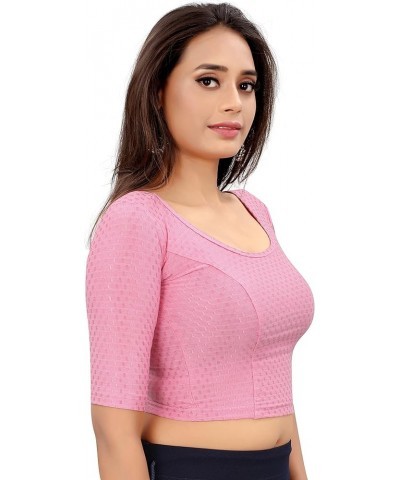 Women Round Neck Dobby Cotton Lycra Stretchable Elbow Sleeve Readymade Saree Blouse For Stylish Pink $19.27 Blouses