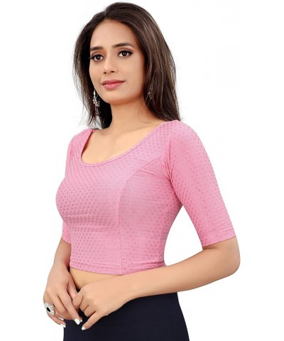 Women Round Neck Dobby Cotton Lycra Stretchable Elbow Sleeve Readymade Saree Blouse For Stylish Pink $19.27 Blouses