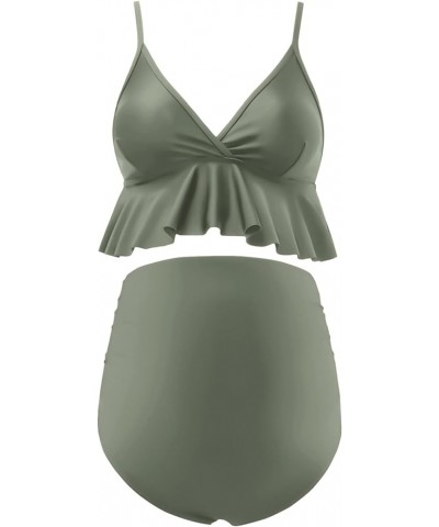 Maternity Bikini Set Two Pieces Pregnancy Swimsuit Bathing Suits High Waisted Ruffle Summer Swimwear Army Green $17.63 Swimsuits