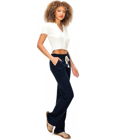 Women's Casual Linen Pants - 29" Inseam Oceanside Drawstring Smocked Waist Lounge Beach Trousers with Pockets Navy $25.51 Pants