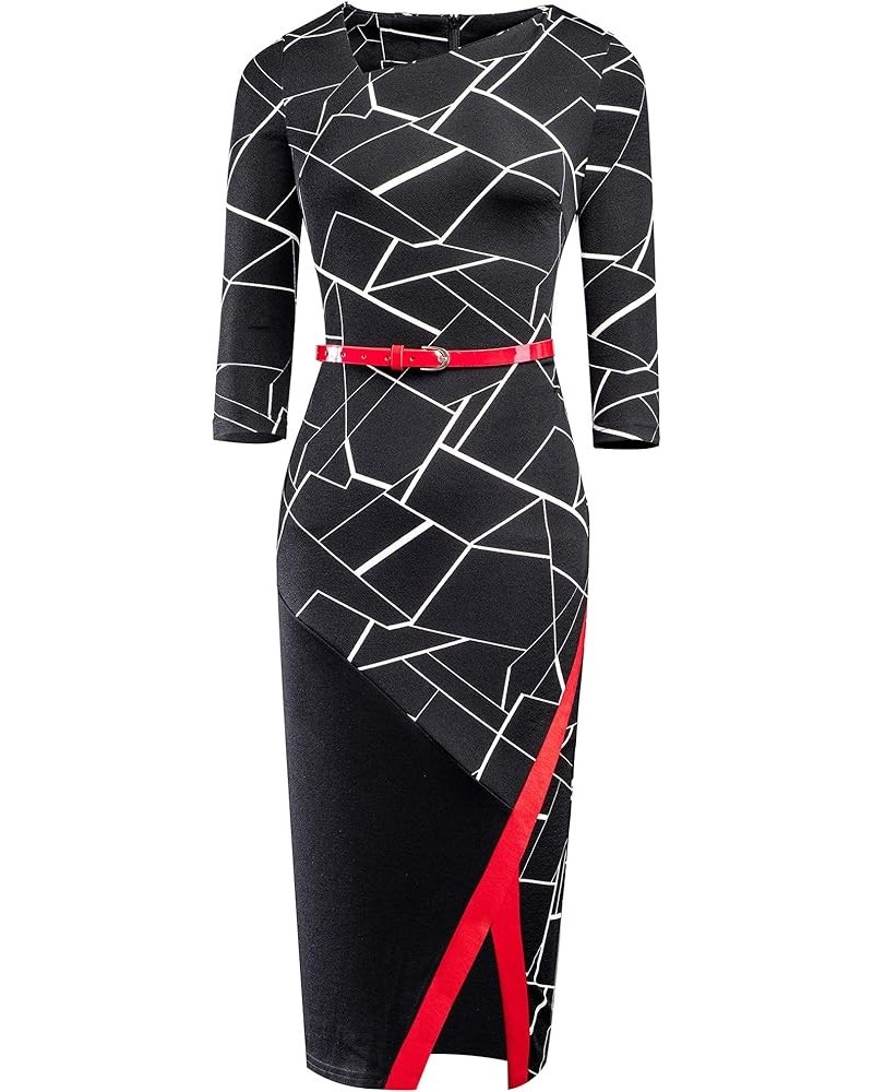 Women's Elegant Patchwork Sheath Sleeveless Business Dress B290 Black Geometry $17.02 Dresses